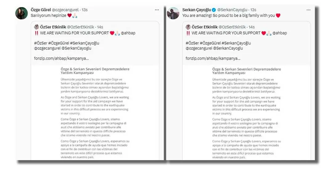 Fans von Özge Gürel und Serkan Çayoğlu unterstützen Erdbebenopfer!