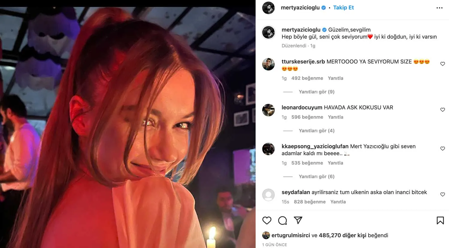 Mert Yazıcıoğlu shared a photo of Afra Saraçoğlu on his Instagram account 